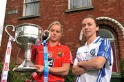 20 September 2011; Ahead of the TG4 Ladies Football All-Ireland Finals taking place this Sunday in Croke Park, the captains and managers from all six competing counties met in Crokes Park. Cork captain Amy O'Shea, left, and Monaghan captain Sharon Courtney with the Brendan Martin Cup ahead of the TG4 Senior Final which throws in at 4pm. 2011 TG4 All-Ireland Ladies Football Final Captain's Day, Croke Park, Dublin. Picture credit: David Maher / SPORTSFILE
