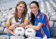 20 September 2011; Ahead of the TG4 Ladies Football All-Ireland Finals taking place this Sunday in Croke Park, the captains and managers from all six competing counties met in Croke Park. Wicklow captain Caitríona McKeon,left, and New York captain Rosie O'Reilly ahead of the TG4 Junior Final which throws in at 12pm. 2011 TG4 All-Ireland Ladies Football Final Captain's Day, Croke Park, Dublin. Picture credit: Barry Cregg / SPORTSFILE