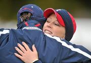 21 September 2011; Morgan Pressel, Team USA, embraces a team-mate on the 9th green, during the 2011 Solheim Cup practice day. The 2011 Solheim Cup, Killeen Castle, Dunsany, Co. Meath. Picture credit: David Maher / SPORTSFILE
