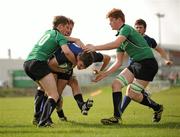 21 September 2011; Harrison Brewer, Leinster, is tackled by Ben Carty, left, James O'Heir, centre, and Sean O'Brien, right, Connacht. Nivea for Men Under 18 Schools Interprovincial, Connacht v Leinster, Sportsground, Galway. Picture credit: Barry Cregg / SPORTSFILE