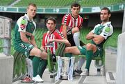 21 September 2011; Playes, from left to right, Ian Turner, Cork City, Ruaidhri Higgins and David McDaid, Derry City, and Vincent Escude-Candela, Cork City, in attendance at the EA SPORTS Cup Final media day ahead of Saturday's final between Cork City and Derry City in Turner's Cross, Cork. EA SPORTS Cup Final Media Day, Aviva Stadium, Lansdowne Road, Dublin. Picture credit: David Maher / SPORTSFILE