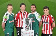 21 September 2011; Players, from left to right, Ian Turner, Cork City, Ruaidhri Higgins, Derry City, Vincent Escude-Candela, Cork City, and David McDaid, Derry City, in attendance at the EA SPORTS Cup Final media day ahead of of Saturday's final between Cork City and Derry City in Turner's Cross, Cork. EA SPORTS Cup Final Media Day, Aviva Stadium, Lansdowne Road, Dublin. Picture credit: David Maher / SPORTSFILE