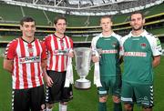 21 September 2011; Players, from left to right, David McDaid and Ruaidhri Higgins, Derry City, with Ian Turner and Vincent Escude-Candela, Cork City, in attendance at the EA SPORTS Cup Final media day ahead of Saturday's final between Cork City and Derry City in Turner's Cross, Cork. EA SPORTS Cup Final Media Day, Aviva Stadium, Lansdowne Road, Dublin. Picture credit: David Maher / SPORTSFILE