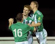 21 September 2011; Bray Wanderers' Sean Houston, centre, celebrates after scoring his side's second goal with team-mates John Mulroy, left, and Derek Prendergast. Airtricity League Premier Division, Bray Wanderers v UCD, Carlisle Grounds, Bray, Co. Wicklow. Picture credit: Matt Browne / SPORTSFILE