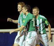 21 September 2011; Bray Wanderers' Sean Houston, centre, celebrates after scoring his side's second goal with team-mates John Mulroy, left, and Derek Prendergast. Airtricity League Premier Division, Bray Wanderers v UCD, Carlisle Grounds, Bray, Co. Wicklow. Picture credit: Matt Browne / SPORTSFILE