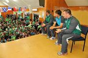22 September 2011; Ireland players, from left, Stephen Ferris, Conor Murray and Damien Varley during a visit to Selwyn Primary School ahead of their 2011 Rugby World Cup, Pool C, game against Russia on Sunday. Selwyn Primary School, Rotorua, New Zealand. Picture credit: Brendan Moran / SPORTSFILE