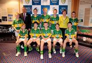 18 September 2011; Uachtarán CLG Criost—ir î Cuana, and INTO President Noreen Flynn, with the Kerry team, back row, left to right, Jude McAtamney, St. John's P.S., Swatragh, Co. Derry, Darragh Kelly, Ballyleague N.S., Lanesboro, Co. Roscommon, Darragh Lyons, St. Oliver's N.S., Duncannon, Co. Wexford, Shane Mooney, High Park N.S., Skreen, Co. Sligo, Jordan Morrissey, Bishop Foley N.S., Co. Carlow, front row, left to right, Cormac Byrne, St. Patrick's P.S., Roan, Co. Tyrone, Ryan Breen, St. Mary's P.S., Tempo, Co. Fermanagh, Killian Dempsey, Blackrock N.S., Dundalk, Co. Louth, Frankie Cullen, St. Oliver's N.S., Navan, Co. Meath, James Smith, St. Patrick's N.S., Kilnaleck, Co. Cavan. Go Games Exhibition - Sunday 18th September 2011, Croke Park, Dublin. Picture credit: Dáire Brennan / SPORTSFILE