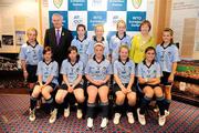 18 September 2011; Uachtarán CLG Criost—ir î Cuana, and INTO President Noreen Flynn, with the Dublin team, back row, left to right, Rachel Baynes, Newport N.S., Co. Mayo, Aoife Stapleton, Scoil Eimhin Naofa, Monasterevin, Co. Laois, Yvonne Harney, Cornafulla N.S., Athlone, Co. Roscommon, Lauren Kelly, Boardsmill N.S., Co. Meath, Marie Kealy, Grangecon, N.S., Co. Wicklow, Lauren Burke, St. Bernard's N.S., Abbeylara, Co. Longford, Jade Craig, Scoil êde, Clondalkin, Co. Dublin, Saibh, Hannigan, Scoil Phoil Naofa, Ayrfield, Co. Dublin, Ciara Guilfoyle, Barefield N.S., Ennis, Co. Clare, Clare Cronin, Cloghrae N.S., Co. Cork. Go Games Exhibition - Sunday 18th September 2011, Croke Park, Dublin. Picture credit: Dáire Brennan / SPORTSFILE