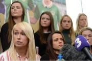 4 April 2017; Stephanie Roche, left, of the Republic of Ireland Women's National Team speaks alongside team-mates during a women's national team press conference at Liberty Hall in Dublin. Photo by Cody Glenn/Sportsfile