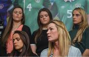 4 April 2017; Republic of Ireland Women's National Team captain Emma Byrne, right, speaks alongside team-mates during a women's national team press conference at Liberty Hall in Dublin. Photo by Cody Glenn/Sportsfile
