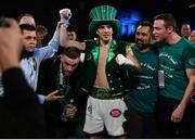 17 March 2017; Michael Conlan after defeating Tim Ibarra, alongside Conor McGregor, Manny Robles and Matthew Macklin in their featherweight bout at The Theater in Madison Square Garden in New York, USA. Photo by Ramsey Cardy/Sportsfile