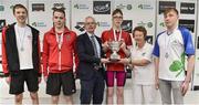 6 April 2017; John Treacy, CEO, Irish Sports Council, and Bettie Beattie, past President of Swim Ireland with medallists in the Open Men's 1500m Freestyle Final, from left, silver medallist Jack Fleming, City of Lisburn Swim Club, Co. Antrim, Daniel Fisher, Edinburgh University Swim Club, gold medallist Daniel Wiffen, City of Lisburn Swim Club, Co. Antrim, and bronze medallist Fiachra bevan, Aer Lingus Swim Club, Dublin, during the 2017 Irish Open Swimming Championships at the National Aquatic Centre in Dublin. Photo by Brendan Moran/Sportsfile
