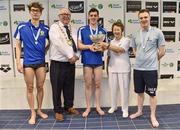 6 April 2017; Cllr Howard Mahony, acting deputy Mayor of Fingal County Council and Bettie Beattie, past President of Swim Ireland with medallists in the Open Men's 200m Freestyle Final, from left, silver medallist Jack McMillan, Bangor Swim Club, Co. Down, gold medallist Jordan Sloan, Bangor Swim Club, Co. Down and bronze medallist Gerry Quinn, Longford Swim Club, during the 2017 Irish Open Swimming Championships at the National Aquatic Centre in Dublin. Photo by Brendan Moran/Sportsfile