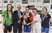 6 April 2017; John Treacy, CEO, Irish Sports Council, and Bettie Beattie, past President of Swim Ireland with medallists in the Open Women's 800m Freestyle Final, from left, silver medallist Victoria Catterson, Ards Swim Club, Co. Antrim, gold medallist Rachel Bethel, City of Lisburn Swim Club, Co. Antrim, and bronze medallist Jessica Burke, National Aquatic Swim Club, Dublin, during the 2017 Irish Open Swimming Championships at the National Aquatic Centre in Dublin. Photo by Brendan Moran/Sportsfile