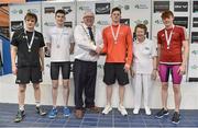 6 April 2017; Cllr Howard Mahony, acting deputy Mayor of Fingal County Council, and Bettie Beattie, past President of Swim Ireland with medallists in the Open Men's 200m Butterfly Final, from left, Felix Gifford, University of Stirling Swim team, silver medallist Cillian Melly, Castlebar Swim team, Mayo, gold medallist Brendan Hyland, NCD Tallaght, Dublin, and bronze medallist Finn McGeever, NCL Limerick, during the 2017 Irish Open Swimming Championships at the National Aquatic Centre in Dublin. Photo by Brendan Moran/Sportsfile