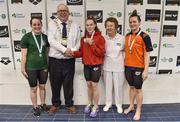 6 April 2017; Cllr Howard Mahony, acting deputy Mayor of Fingal County Council, and Bettie Beattie, past President of Swim Ireland with medallists in the Open Women's 200m Butterfly Final, from left, silver medallist Sarah Kelly, Galway Swim Club, gold medallist Ellen Walshe, Templeogue Swim Club, Dublin, and bronze medallist Clodagh Flood, Tallaght Swim Club, Dublin, during the 2017 Irish Open Swimming Championships at the National Aquatic Centre in Dublin. Photo by Brendan Moran/Sportsfile