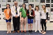 6 April 2017; Cllr Howard Mahony, acting deputy Mayor of Fingal County Council and Bettie Beattie, past President of Swim Ireland with medallists in the Open Women's 200m Freestyle Final, from left, silver medallist Maria Godden, Kilkenny Swim Club, Bethy Firth, gold medallist Rachel Bethel, City of Lisburn Swim Club, and Eve Thompson, representing Natasha Holton of University of Sterling Swim Team, during the 2017 Irish Open Swimming Championships at the National Aquatic Centre in Dublin. Photo by Brendan Moran/Sportsfile