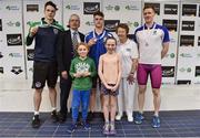6 April 2017; John Treacy, CEO, Irish Sports Council, Bettie Beattie, past President of Swim Ireland and John and Alannah Giles with medallists in the Open Men's 100m Backstroke Final, from left, silver medallist Rory McEvoy, NCL Ennis, Co. Clare, gold medallist Conor Ferguson, Bangor Swim Club, Co. Down, and bronze medallist David Prendergast, UCD Swim Club, Dublin, during the 2017 Irish Open Swimming Championships at the National Aquatic Centre in Dublin. Photo by Brendan Moran/Sportsfile