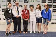 6 April 2017; Cllr Howard Mahony, acting deputy Mayor of Fingal County Council and Bettie Beattie, past President of Swim Ireland with medallists in the Open Women's 50m Breaststroke Final, from left, silver medallist Niamh Coyne, NCD Tallaght, Dublin, gold medallist Mona McSharry, Marlins Swim Club, Donegal, Adele Blanchetiere, En Caen and bronze medallist Niamh Kilgallen, Claremorris Swim Club, Mayo, during the 2017 Irish Open Swimming Championships at the National Aquatic Centre in Dublin. Photo by Brendan Moran/Sportsfile