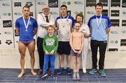 6 April 2017; Cllr Howard Mahony, acting deputy Mayor of Fingal County Council, Bettie Beattie, past President of Swim Ireland and John and Alannah Giles with medallists in the Open Men's 50m Breaststroke Final, from left, silver medallist Jamie Graham, Bangor Swim Club Co. Down, gold medallist Darragh Greene, UCD Swim Club, Dublin, and bronze medallist Andrew Moore, UCD Swim Club, Dublin, during the 2017 Irish Open Swimming Championships at the National Aquatic Centre in Dublin. Photo by Brendan Moran/Sportsfile