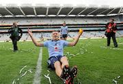 18 September 2011; Dublin's Paul Flynn celebrates after the match as team-mate Bernard Brogan makes his way from the pitch. GAA Football All-Ireland Senior Championship Final, Kerry v Dublin, Croke Park, Dublin. Picture credit: Brian Lawless / SPORTSFILE