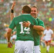 25 September 2011; Paddy Wallace congratulates team-mate Fergus McFadden, 14, on scoring Ireland's first try. 2011 Rugby World Cup, Pool C, Ireland v Russia, Rotorua International Stadium, Rotorua, New Zealand. Picture credit: Brendan Moran / SPORTSFILE