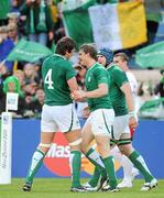 25 September 2011; Ireland's Andrew Trimble is congratulated on scoring his side's fifth try by team-mate Donncha O'Callaghan, left. 2011 Rugby World Cup, Pool C, Ireland v Russia, Rotorua International Stadium, Rotorua, New Zealand. Picture credit: Brendan Moran / SPORTSFILE