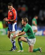 25 September 2011; Ireland out-half Ronan O'Gara shares a light-hearted moment with referee Craig Joubert as he prepares to convert a try by Rob Kearney. 2011 Rugby World Cup, Pool C, Ireland v Russia, Rotorua International Stadium, Rotorua, New Zealand. Picture credit: Brendan Moran / SPORTSFILE