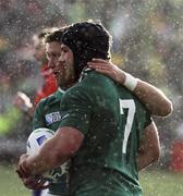 25 September 2011; Ireland's Sean O'Brien is congratulated by Ronan O'Gara after scoring his side's second try. 2011 Rugby World Cup, Pool C, Ireland v Russia, Rotorua International Stadium, Rotorua, New Zealand. Picture credit: John Cowpland / SPORTSFILE