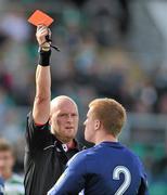25 September 2011; Referee Richie Winter shows the red card to Shane O'Connor, Bray Wanderers, after his tackle on Gary McCabe, Shamrock Rovers. Airtricity League Premier Division, Shamrock Rovers v Bray Wanderers, Tallaght Stadium, Tallaght, Dublin. Picture credit: David Maher / SPORTSFILE