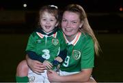 6 April 2017; Saoirse Noonan of Republic of Ireland with her cousin and mascot for the game Searlaíth O'Callaghan during the UEFA Women's Under 19 European Championship Elite Round match between Republic of Ireland and Ukraine at Market's Field in Limerick. Photo by Eóin Noonan/Sportsfile