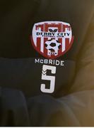 7 April 2017; A detailed view of the Derry City crest with the late Ryan McBride's name below it ahead of the SSE Airtricity League Premier Division match between Cork City and Derry City at Turner's Cross in Cork. Photo by Eóin Noonan/Sportsfile