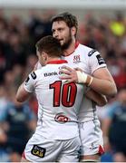 7 April 2017; Paddy Jackson, front, of Ulster celebrates with Iain Henderson of Ulster after scoring his sides first try during the Guinness PRO12 Round 19 match between Ulster and Cardiff Blues at the Kingspan Stadium in Belfast. Photo by Oliver McVeigh/Sportsfile