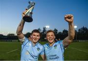 7 April 2017; Matthew Gilsenen, left, and Nick Peters of UCD celebrate with the trophy following their side's victory in the 65th Annual Colours Match between University College Dublin and Dublin University FC at the Belfield Bowl in UCD, Co. Dublin. Photo by David Fitzgerald/Sportsfile