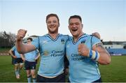 7 April 2017; Peadar Timmins, left, and Andrew Porter of UCD celebrate following their side's victory in the 65th Annual Colours Match between University College Dublin and Dublin University FC at the Belfield Bowl in UCD, Co. Dublin. Photo by David Fitzgerald/Sportsfile