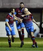 7 April 2017; Sean Thornton, right, of Drogheda United celebrates after scoring his sides first goal with teammates Colm Deasy, left, and Gavin Brennan during the SSE Airtricity League Premier Division match between Drogheda United and Shamrock Rovers at United Park in Drogheda, Co Louth. Photo by David Maher/Sportsfile