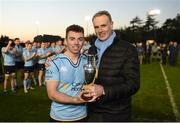 7 April 2017; President of UCD rugby Paul Keenan presents the trophy to UCD captain Jamie Glynn during the 65th Annual Colours Match between University College Dublin and Dublin University FC at the Belfield Bowl in UCD, Co Dublin. Photo by David Fitzgerald/Sportsfile