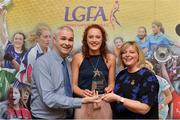 7 April 2017; Niamh Cotter, UCC and Cork, receiving her LGFA HEC All Star Award from Marie Hickey, President of the LGFA, and Donal Barry from the Ladies HEC at Croke Park Hotel on Friday, April 7th. The LGFA HEC All Star Awards recognised the best performers from the O’Connor Cup weekend recently hosted by GMIT at the Ballyhaunis Centre of Excellence and Elvery’s McHale Park. The Croke Park Hotel in Dublin, Jones' Road, Dublin 3. Photo by Piaras Ó Mídheach/Sportsfile