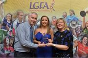 7 April 2017; Eimear Scally, UL and Cork, receiving her LGFA HEC All Star Award from Marie Hickey, President of the LGFA, and Donal Barry from the Ladies HEC at Croke Park Hotel on Friday, April 7th. The LGFA HEC All Star Awards recognised the best performers from the O’Connor Cup weekend recently hosted by GMIT at the Ballyhaunis Centre of Excellence and Elvery’s McHale Park. The Croke Park Hotel in Dublin, Jones' Road, Dublin 3. Photo by Piaras Ó Mídheach/Sportsfile