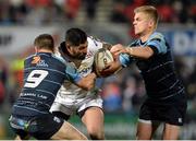 7 April 2017; Charles Piutau of Ulster is tackled by Lloyd Williams and Gareth Anscombe of Cardiff Blues during the Guinness PRO12 Round 19 match between Ulster and Cardiff Blues at the Kingspan Stadium in Belfast. Photo by Oliver McVeigh/Sportsfile