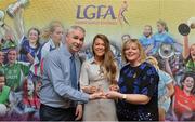 7 April 2017; Sarah Rowe, DCU and Mayo, receiving her LGFA HEC All Star Award from Marie Hickey, President of the LGFA, and Donal Barry from the Ladies HEC at Croke Park Hotel on Friday, April 7th. The LGFA HEC All Star Awards recognised the best performers from the O’Connor Cup weekend recently hosted by GMIT at the Ballyhaunis Centre of Excellence and Elvery’s McHale Park. The Croke Park Hotel in Dublin, Jones' Road, Dublin 3. Photo by Piaras Ó Mídheach/Sportsfile