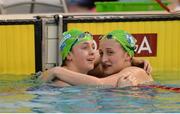 7 April 2017; Club mates Katie Baguley, left, and Lucy Grindle, both of Trojan Swim Club, Co. Dublin, embrace following the Junior Women's 400m Indiviudal Medley Final during the 2017 Irish Open Swimming Championships at the National Aquatic Centre in Dublin. Photo by Sam Barnes/Sportsfile