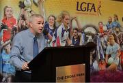 7 April 2017; Donal Barry, Ladies HEC, speaking at the Ladies HEC All Star awards at Croke Park Hotel on Friday, April 7th. The LGFA HEC All Star Awards recognised the best performers from the O’Connor Cup weekend recently hosted by GMIT at the Ballyhaunis Centre of Excellence and Elvery’s McHale Park. The Croke Park Hotel in Dublin, Jones' Road, Dublin 3. Photo by Piaras Ó Mídheach/Sportsfile