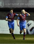 7 April 2017; Sean Thornton, right, of Drogheda United celebrates after scoring his sides first goal with teammate Jake Hyland during the SSE Airtricity League Premier Division match between Drogheda United and Shamrock Rovers at United Park in Drogheda, Co Louth. Photo by David Maher/Sportsfile