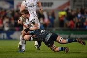 7 April 2017; Andrew Trimble of Ulster is tackled by Ellis Jenkins of Cardiff Blues during the Guinness PRO12 Round 19 match between Ulster and Cardiff Blues at the Kingspan Stadium in Belfast.  Photo by Oliver McVeigh/Sportsfile