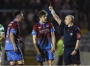 7 April 2017; Referee Rob Rogers sends off Sean Brennan of Drogheda United, left, during the SSE Airtricity League Premier Division match between Drogheda United and Shamrock Rovers at United Park in Drogheda, Co Louth. Photo by David Maher/Sportsfile