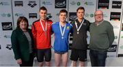 7 April 2017; Mary Dunne, Swim Ireland President, and Paul McDermott, High Performance Director for Sport Ireland, with Open Men's 100m Freestyle medallists, from left, Curtis Coulter of Ards Swim Club, Co. Down, silver, Jordan Sloan of Bangor Swim Club, Co. Down, gold, and Calum Bain, University of Sterling, bronze, during the 2017 Irish Open Swimming Championships at the National Aquatic Centre in Dublin. Photo by Sam Barnes/Sportsfile