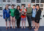 7 April 2017; Mary Dunne, Swim Ireland President, and Paul McDermott, High Performance Director for Sport Ireland, with Open Women's 100m Freestyle medallists, from left, Niamh Kilgallen of Claremorris Swim Club, Co. Mayo, silver, Bethy Firth of Ards Swim Club, Co. Down, Danielle Hill of Larne Swim Club, Co. Antrim, gold, Kate Kavanagh of UCD Swim Club, Co. Dublin, bronze, and Natasha Hofton, University of Sterling, during the 2017 Irish Open Swimming Championships at the National Aquatic Centre in Dublin. Photo by Sam Barnes/Sportsfile