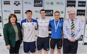 7 April 2017; Mary Dunne, Swim Ireland President, and Cllr Howard Mahony, acting deputy Mayor of Fingal County Council, with Open Men's 100m Breaststroke medallists, from left, Darragh Greene of UCD Swim Club, Co. Dublin, silver, Nicholas Quinn of Castlebar Swim Club, Co. Mayo, gold, and Jamie Graham of Bangor Swim Club, Co. Down, bronze, during the 2017 Irish Open Swimming Championships at the National Aquatic Centre in Dublin. Photo by Sam Barnes/Sportsfile
