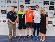 7 April 2017; Liam Harbison, Director of Sport Ireland Institute, and Sarah Keane, CEO of Swim Ireland, with Open Men's 400m Indiviudal Medley medallists, from left, Cadan McCarthy of Mallow Swim Club, Co. Cork, silver, Ben Griffin of NCD Trojan, gold, and Cillian Melly of NCL Castlebar, Co. Mayo, bronze, during the 2017 Irish Open Swimming Championships at the National Aquatic Centre in Dublin. Photo by Sam Barnes/Sportsfile